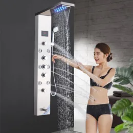 Fırçalanmış Nikel Duş Paneli LED Yağmur Şelale Masaj Sistemi Vücut Jet