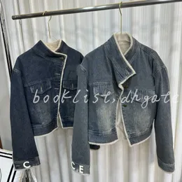 Modedesigner-Jeansjacke mit Buchstaben, Denim und Pelzjacke für Damen, warm, für den Winter