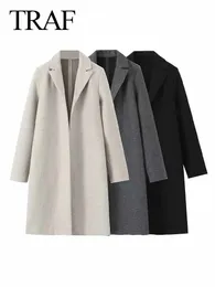 Giacche da donna TRAF 2023 Autunno Inverno Donna Elegante Cappotto a maniche lunghe Donna Vintage Tinta unita Risvolto Giacca a vento calda Soprabito Abbigliamento 231120