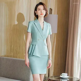 Two Piece Dress Fashion Women Skirt Suits Blazer And Jacket Sets Short Sleeve Summer Ladies Work Clothes Office Uniform Green