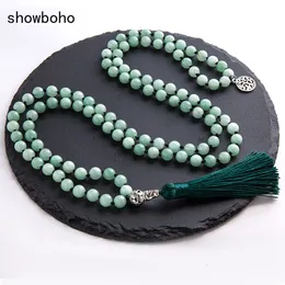 Strands Strings 8mm Burmese Jade Knotted Beaded Mala Necklace Meditation Yoga Blessing Lucky Tibetan Jewelry 108 Japamala Rosary Tassel Pendent 230419