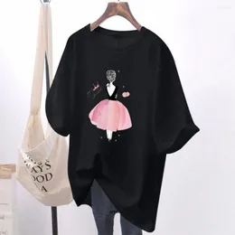 女性用Tシャツ大型サイズ6xl 150kg夏のエレガントシャツoネック半袖漫画Tシャツ女性ゆるい女性の甘いトップ