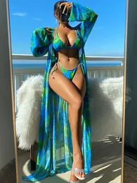 Women's Swimwear 2023 Sexy Bikini Suit Y2K Style Printed ThreePiece Swimsuit Triangle Bikinis Cardigan Coverups A2554 230420