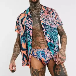 Mens Tracksuits Men Pink Leopard Print Hawaiian Set Summer Button Short Sleeve ShirtSwimming Briefs Casual Streetwear 2 Piece Suit S5XL 230420