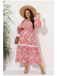 Sukienki plus wielkości wiosenne i jesienne styl etniczny nadruk gruby mm duża sukienka panelowa w szpic na spódnicę z dekoltem