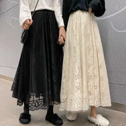 Юбки эластичные кружевные юбки с высокой талией Женщины весна летняя юбка 2020 Корейская элегантная повседневная а-линия чернокожи