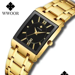 Wristwatches Wwoor Mens Square Quartz Wrist Watches Luxury Gold Black Watch Stainless Steel Waterproof Matic Date Clock Relo Dhgarden Otub8