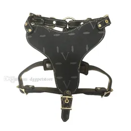 Designer Dog Harness Leases No-Pull Pet Harness med klassiskt bokstavsmönster Justerbar PU-läder hundkrage No-Choke Pet Vest för Medium Large Dog Bulldog Black B180