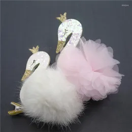 Hair Accessories 10pc/lot Big Graceful Swan Clips Gold Crown Cartoon Animal Barrette Pink Chiffon Flower Hairpin Artificial Furry Pom