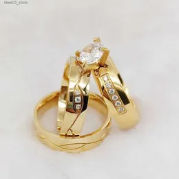 Fedi nuziali African Dubai Set di gioielli placcati oro 18k Anello in acciaio inossidabile Amanti Cz Diamante Promessa Anello di fidanzamento nuziale per coppie Q231120