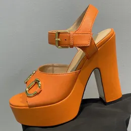 Дизайнерские женские сандалии на высоком каблуке, водонепроницаемая платформа, толстый каблук, кожаная модная обувь, 12 см, металлическая пряжка, вечерние роскошные сексуальные сандалии, пряжка на щиколотке, модельные туфли