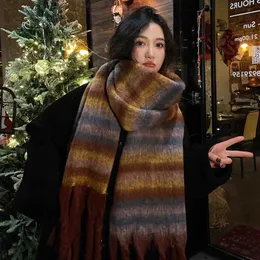 Korean striped scarf for girls in winter, high grade, brushed, colorful, warm, and warm scarf for students and lovers 231015