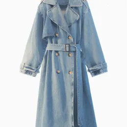 Women' Blends Denim Trench Coats For Women Belt On Waist Slim Jean Ladies Jaqueta Feminina Blue Jacket Woman 231118