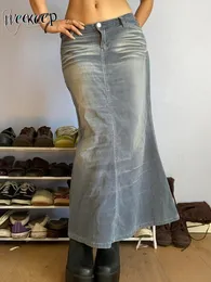 Spódnice Weekeep Vintage Denim długa spódnica Low Rise Free Casual MIDI for Women Chic Streetwear Y2K Aesthetic Ladies Odzież 90s 230420