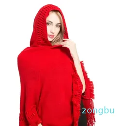 Winter poncho for women solid color knit cashmere hooded cloak fashion tassel shawl female cape ponchos