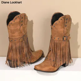 Stivale vintage etnico occidentale cowboy rivetti 5 cm tacco largo stivaletti con frange e nappe Lady Winter Gladiatore scarpe nave libera 231120