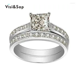 Com pedras laterais eleple casal anel conjunto anéis de casamento para mulheres cor ouro branco quadrado zircônia cúbica pedra jóias vintage vsr120