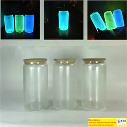 Wholesale Sublimation Glow Glass With Wooden Lid 16oz White Glows Green Blue Wine Tumblers DIY Heat Transfer Beer Cups 3colors