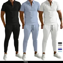 Mens Tracksuits Solid Color Men Suit Summer Disual Short Sleeve Polo Shirt Pants for Men Streetwear Male Tracksuit 2Piece Set 230419