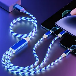 3 في 1 شحنة سريعة LED تدفق الضوء الكابل Micro USB 2A النوع ج شحن الهاتف كابلات الشاحن سلك 1.2M