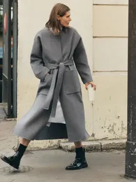 Women's Wool Blends ZA counter quality gray wool coat 2023 autumn and winter round neck women's blend doublesided jacket 231118