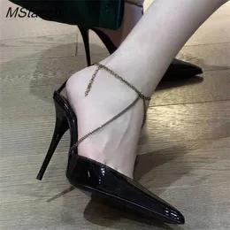 New Sandals Thin Chain Pumps Shoes Women's High Heeled Black Pointed Toe Heel Bright Leather Female Sexy Stiletto 230406