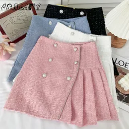 Skirts Ashgaily Tweed for Women High Waist Autumn Spring Buttons Double Breasted Wool Mini Skirt 230420