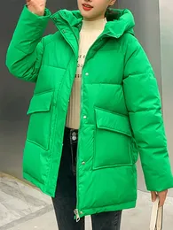 レディースダウンパーカーサーキューウィンタージャケットコートフード付き緑の厚いゆるくて温かいパーカーカジュアルポケットファッションウェア231118
