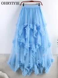 Skirts OHRYIYIE New 2023 Irregular Cake Tulle Skirt Women Sweet Midi Long High Waist A Line Skirt Female Blue Mesh Party Skirt Lady P230420