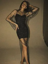 Casual Dresses Shiny Rhinestones Fishnet Dress Long Sleeve ONeck Hollw Out Mesh Side Slit Dress Sexy Beach Cover Up Breathable Lady Vestidos 230420