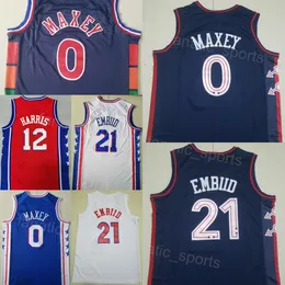 فريق كرة السلة Tyrese Maxey Jersey 0 MAN CITY JOEL EMBIID 21 TOBIAS HARRIS 12 حصل على التطريز وخياطة البيان الأسود الأسود الأزرق الأزرق للبحرية