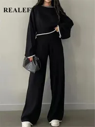 Womens Two Piece Pants REALEFT AutumnWinter 2Piece Set Knitted Tracksuit ONeck Sweater and Wide Leg Jogging 231118