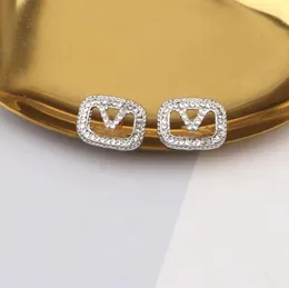 Fashion Designer Golden Silver Stud Earrings for Women Fashion Brand Letter Geometric Earring Inlay Crystal Rhinestone Eardrop Wedding Jewelry