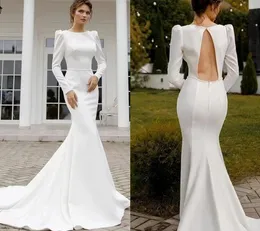 Modest sereia vestido de casamento 2024 colher mangas compridas contas sem costas cetim feminino vestidos formais de noiva feito sob encomenda