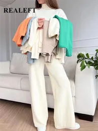 Женские брюки из двух предметов REALEFT, осень-зима, вязаный спортивный костюм из 2 предметов, свитер с высоким воротником и прямой спортивный комплект, зеленый 231118