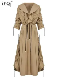 Mulheres misturas IEQJ emendado cordão design trench coat para mulheres decote lótus manga longa cintura alta painel escovado renda windbreak 2023 231118