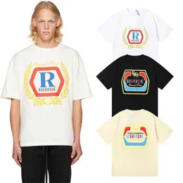 Designer modekläder tees hip hop tshirts rhude nya hoppar alfabet tryck skönhet trendig liten par rund hals sommar lös t-shirt streetwear toppar sportkläder