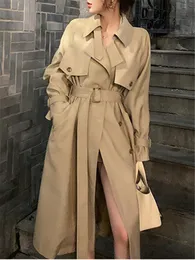 Kvinnorjackor Long Trench Women Autumn Winter Double Breasted Belted Loose Korean Jacket Office Lady Outterkläder Kvinnliga Fashion Coats 230419