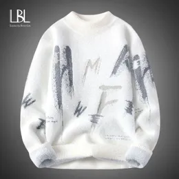 Mężczyzn Swetery zimowy litera bazgrola męska sweter harajuku streetwear na drutach swobodny O biały mężczyzna pullover moda ubrania 231120