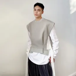 Men's Vests IEFB Korean Personalized Ribbon Round Neck Vest Trend Autumn Fashionable Pullover Niche Design Grey Waistcoat 9A0671 230420