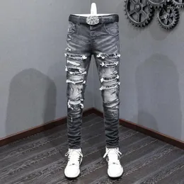 Jeans masculinos streetwear moda homens retro preto cinza estiramento magro ajuste rasgado paisley remendado designer hip hop marca calças