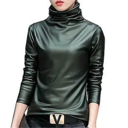 Herrbadkläder plus storlek 4xl kvinnor blus toppar elegent turtleneck långärmad skjorta kvinnliga toppar höst vinter pu läder blusas femininas 230420