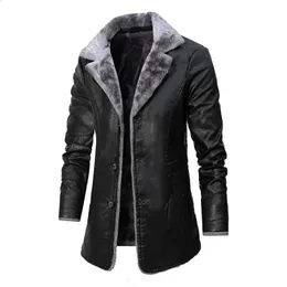 Chaqueta de cuero de imitación de cuero para hombre, chaqueta de cuero de invierno para hombre, chaqueta de cuero de motorista con solapa y forro polar, abrigos largos de cuero de imitación informales de negocios para hombre 231118