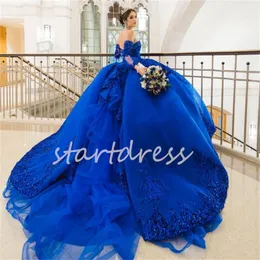 Royal Blue paljett prinsessan quinceanera klänningar glittrande glitter pageant snörning prom klänning Askepott sexton födelsedagsfest klänning söt 16 klänning vestidos de 15 anos