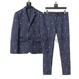 Luxury Mens Suits Fashion Designer Blazers Man Classic Casual Floral Print Luxury Jacket Brand Blue Lattice Stripe Long Sleeve Slim Suit Jacket Pants #PZ1