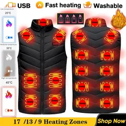 Coletes masculinos 1713 lugares colete aquecido homens mulheres usb jaqueta aquecida colete térmico roupas caça colete inverno jaqueta de aquecimento pretos-6xl 231118