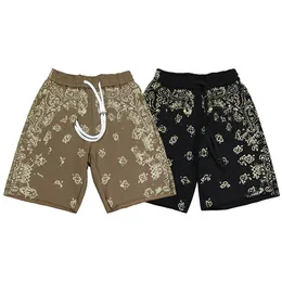 High street men amiryes dark cashew flower print cotton loose drawstring vintage sport shorts