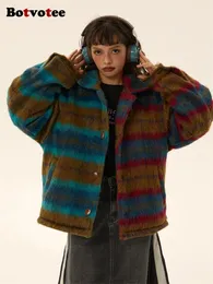 여성 재킷 botvotee 대비 다채로운 패널 평원 울 코트 빈티지 긴 소매 느슨한 독특한 폴로 넥 재킷 231120