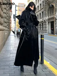 Women's Leather Faux Leather Lautaro Spring Autumn Extra Long Oversized Cool Reflective Shiny Black Paten Leather Trench Coat for Women Belt Runway Fashion 231118