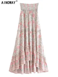 Gonne Vintage Chic Summer Fashion Donna Stampa floreale Beach Bohemian Gonne lunghe Vita alta elastica Maxi A-Line Boho Skirt Femme P230420